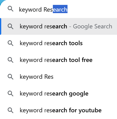 Google Autocomplete suggestions for the keyword research query