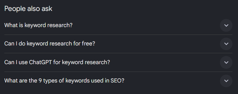 People Also Ask questions related to keyword research