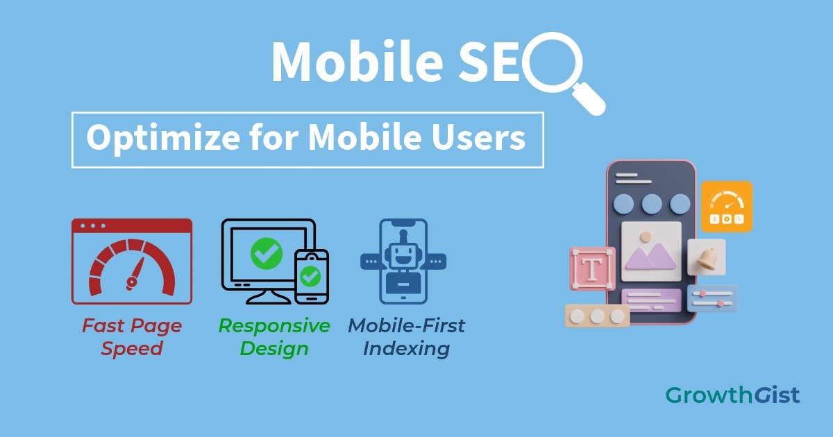 Mobile SEO for beginners featuring fast page speed, responsive design, and mobile-first indexing.