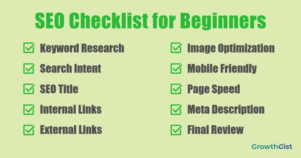 SEO checklist for beginners infographic showing keyword research, search intent, SEO title, internal links, image optimization, page speed, and final review.
