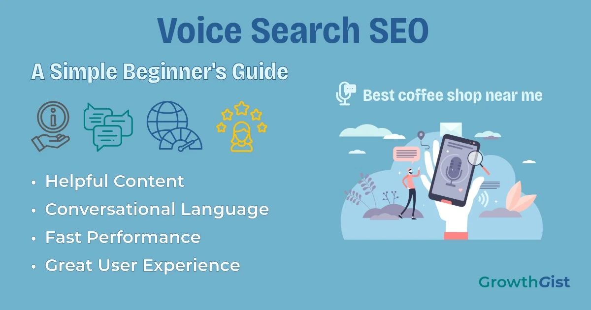Person using voice search on a smartphone with a microphone, search results, and SEO elements representing voice search optimization.