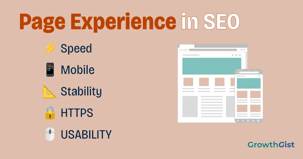 Page experience in SEO covering speed, mobile usability, stability, HTTPS, and responsiveness