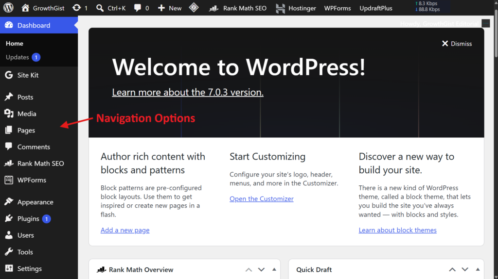 WordPress dashboard showing navigation options for managing posts, pages, media, plugins, tools, and settings