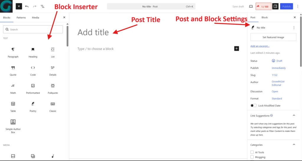 WordPress Gutenberg block editor with block inserter and post settings